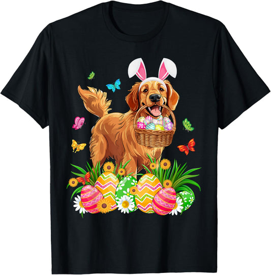 Golden Retriever Dog With Bunny Ears Egg Basket Easter Day T-Shirt