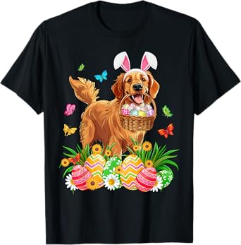 Golden Retriever Dog With Bunny Ears Egg Basket Easter Day T-Shirt