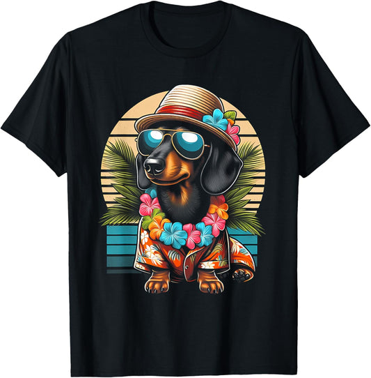 Retro Hawaiian Dachshund Dog Tropical Floral Summer Vibes T-Shirt