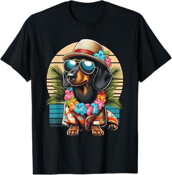 Retro Hawaiian Dachshund Dog Tropical Floral Summer Vibes T-Shirt for Men Women Kids