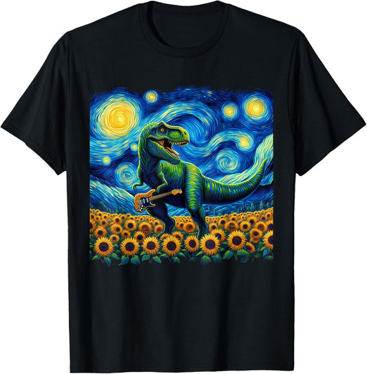Dinosaur Starry Night Van Gogh Rock T Rex Playing Guitar T-Shirt