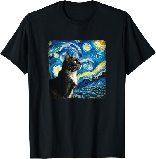 Tuxedo Cat Starry Night - Van Gogh Style - T-Shirt