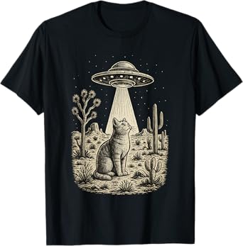 Vintage Cowboy Alien Cat UFO Western Desert Retro 90s T-Shirt