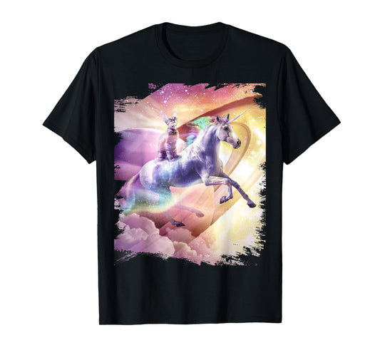 Rainbow Galaxy Cat Riding Unicorn in Space T-Shirt for Men Women Girls Kids