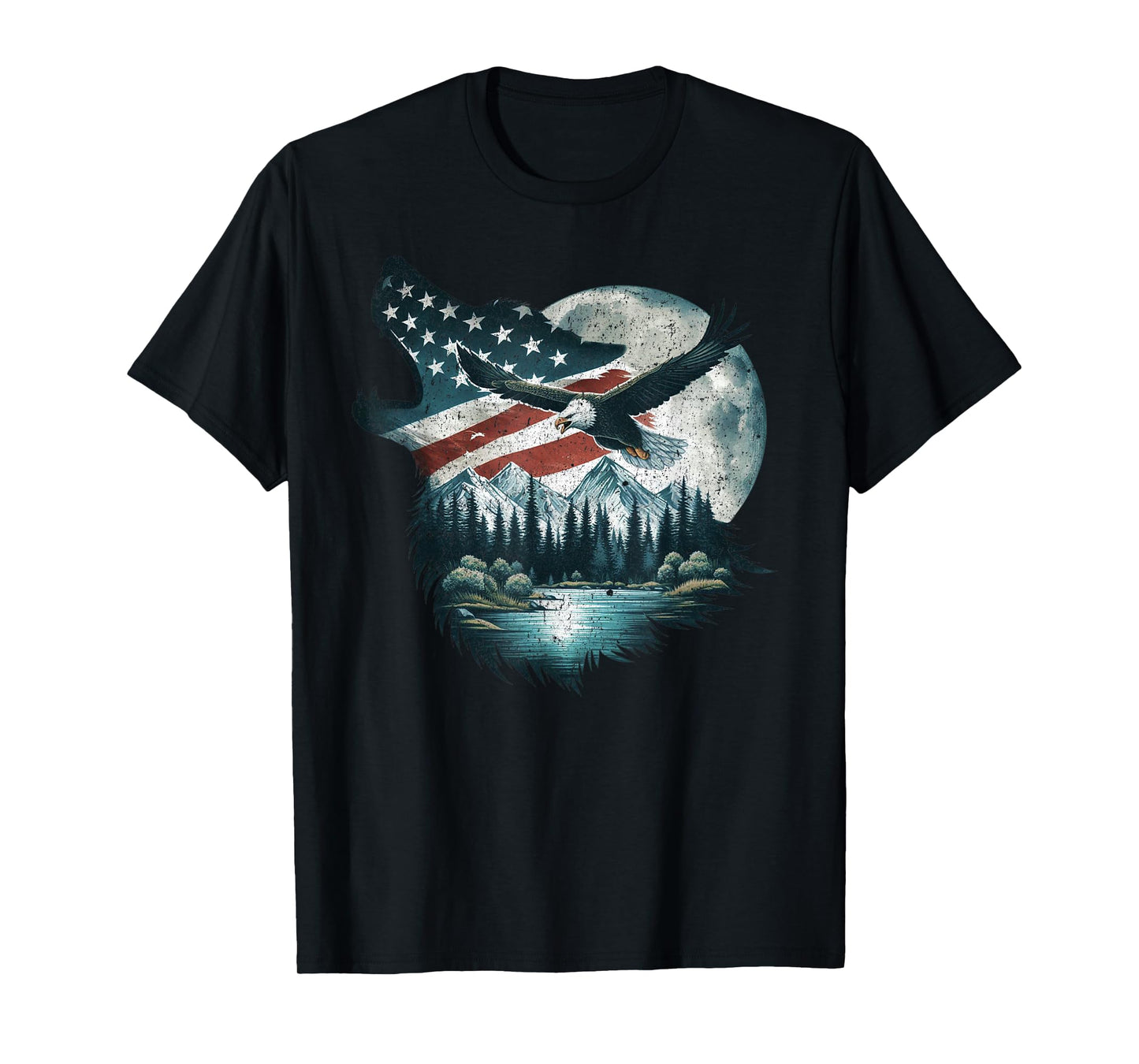 Bald Eagle Wolf US Flag 4th Of July Patriotic Man Woman T-Shirt