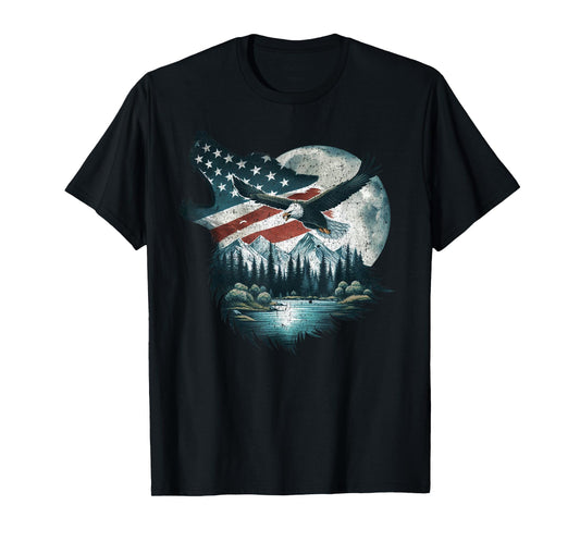 Bald Eagle Wolf US Flag 4th Of July Patriotic Man Woman T-Shirt
