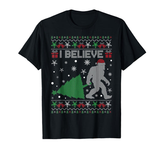 I Believe Bigfoot Sasquatch Ugly Christmas Sweater Mens T-Shirt