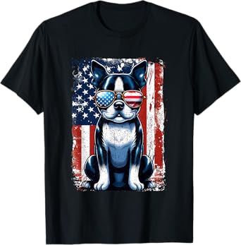 Vintage Boston Terrier Dog American USA US Flag Pets Lovers T-Shirt for Men Women Girls Kids