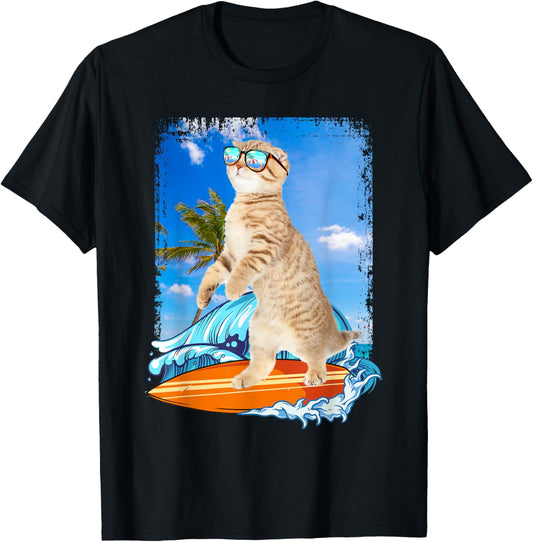 Cute Surfing Hawaiian Cat Lover Surfer Beach Summer Vacation T-Shirt