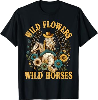 Retro Southern Sunset Cowgirl Wild Flowers - Wild Horses T-Shirt