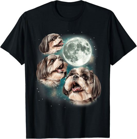 Three Shih Tzu Moon | 3 Puppies Howling Fun Dog Parody Meme T-Shirt