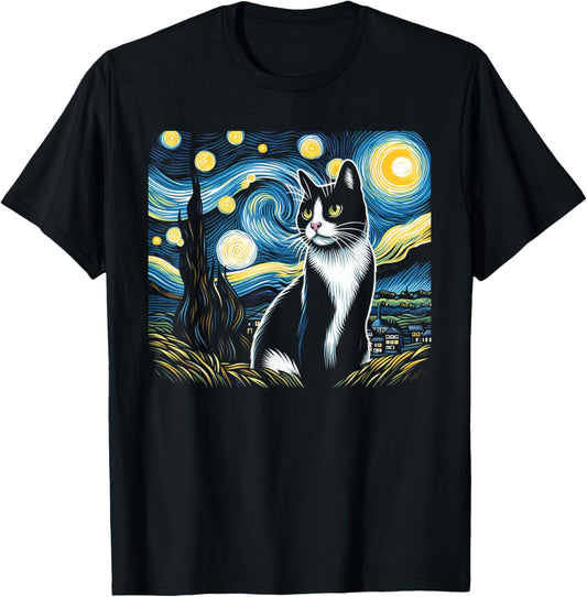 Tuxedo Cat Starry Night Painting Tuxedo Cat Owner T-Shirt