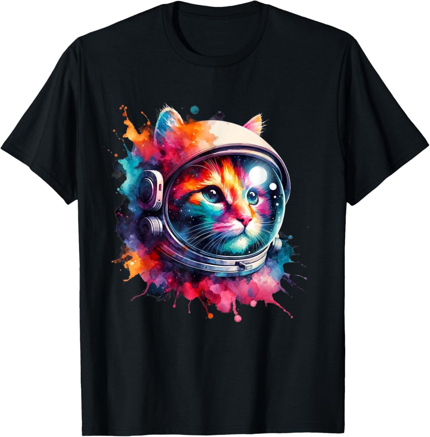 Funny Cat Astronaut Outer Space Watercolor Splash Cat Lover T-Shirt