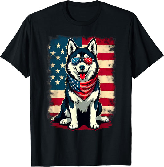 Patriotic American Flag Siberian Husky T-shirt