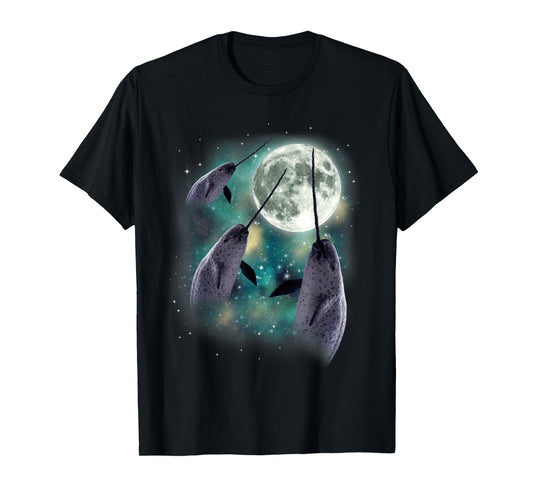 Three Narwhal Moon Arctic Sea 3 Whales Howling Parody T-Shirt