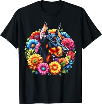 Cute Doberman Portrait in Colourful Flowers T-Shirt