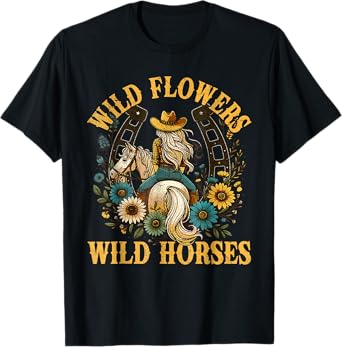 Retro Southern Sunset Cowgirl Wild Flowers Wild Horses T-Shirt