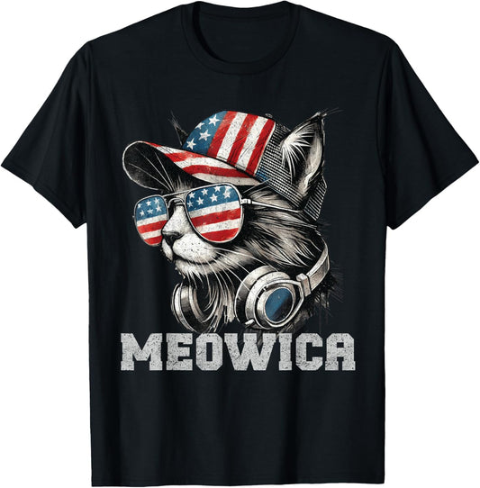 Meowica 4th of July Cat USA Flag Men Boys Vintage Funny Tee T-Shirt