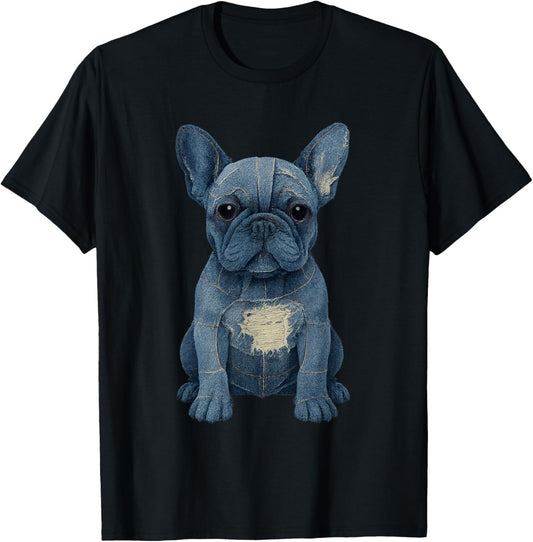 Retro Funny Denim Patch Animal Dog Print French Bulldog T-Shirt