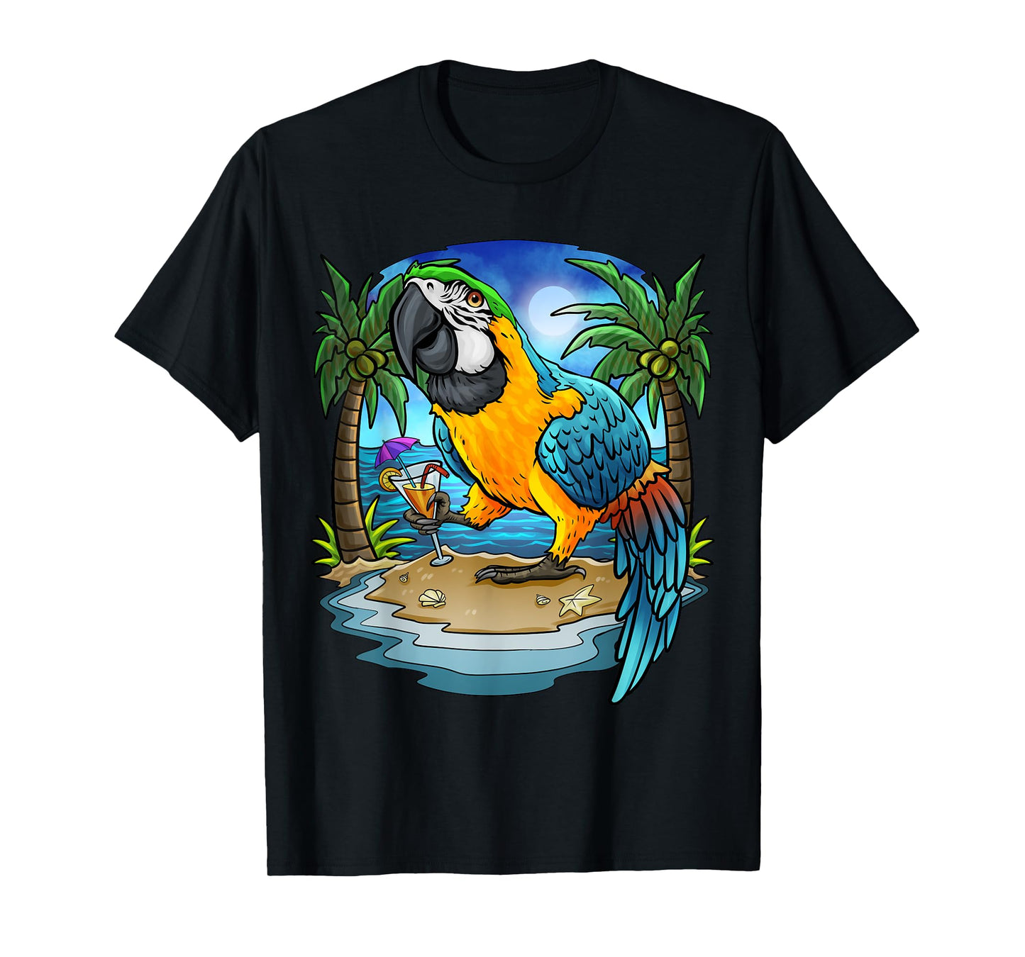 Blue and Gold Macaw Parrot Drinking Margaritas Vacation Bird T-Shirt
