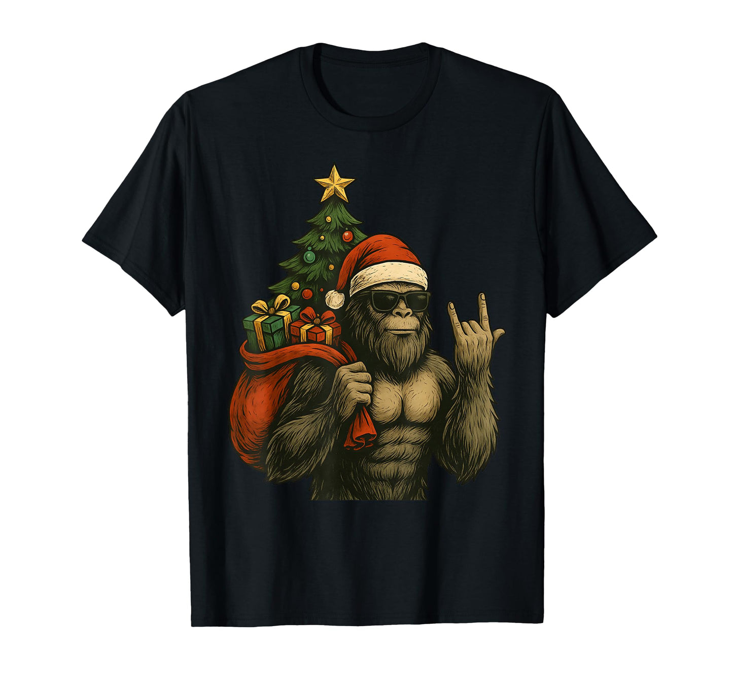 Bigfoot Santa Christmas Tree Rock On Funny Xmas Sasquatch T-Shirt