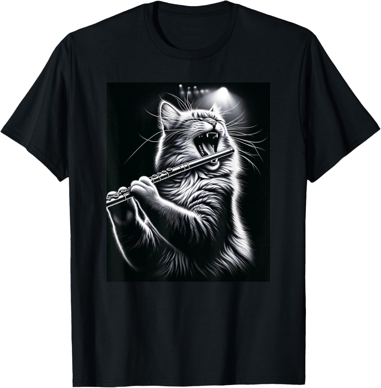 Funny Musician Flutist Rock Cat Playing Flute T-Shirt