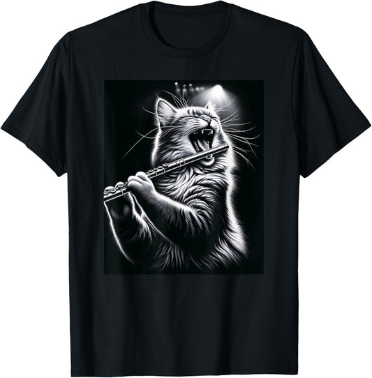 Funny Musician Flutist Rock Cat Playing Flute T-Shirt