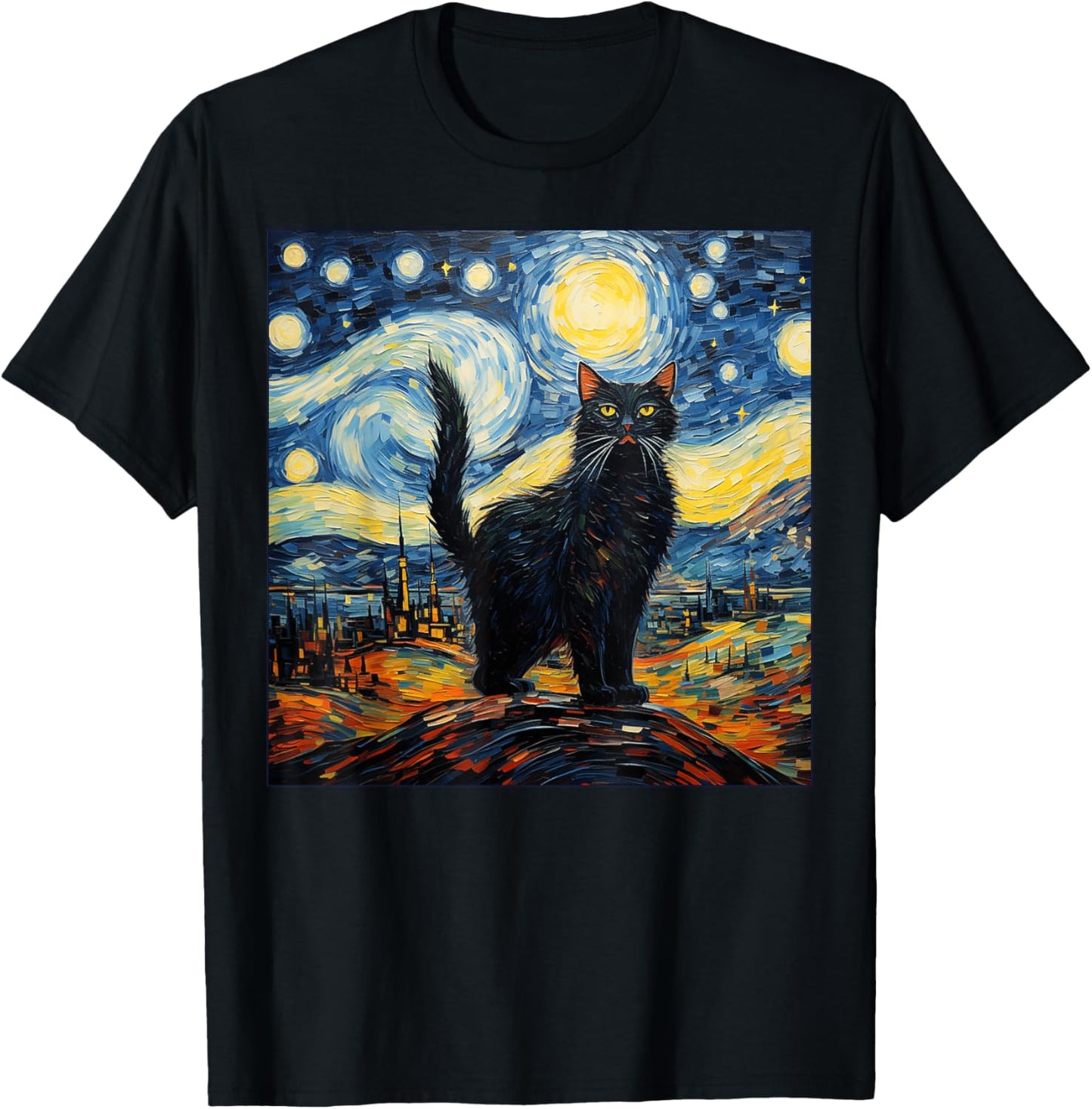 Van Gogh Starry Night Black Cat Gifts for Cats Lover Mom Dad T-Shirt