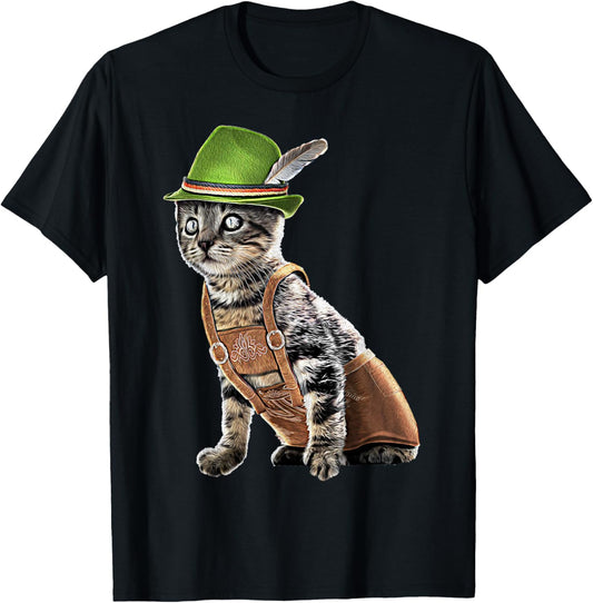 Oktoberfest Cat Bavarian Lederhosen Costume Alpine Hat Gift T-Shirt