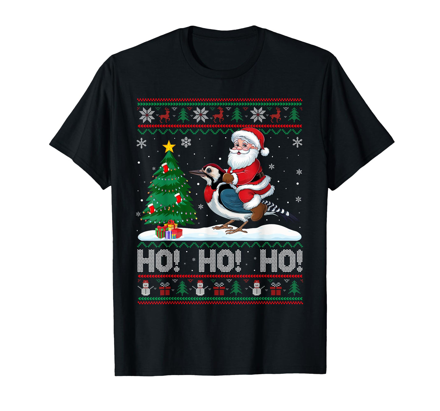 Xmas Tree Lighting Santa Riding Woodpecker Christmas T-Shirt