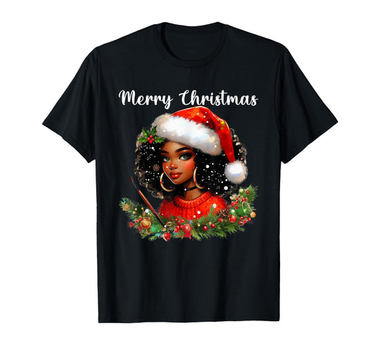 Black African Girl Merry Christmas American Melanin Santa T-Shirt
