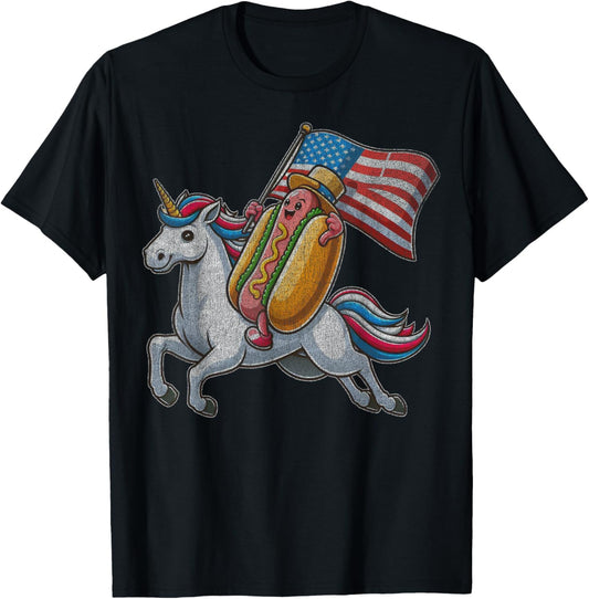 Patriotic Hotdog Riding Unicorn 4th Of July American Flag T-Shirt