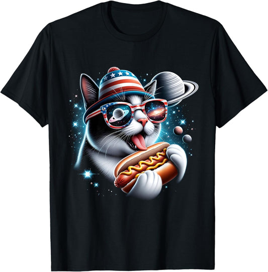 Funny Cat eating Hotdog in space kitty Space Galaxy Moon T-Shirt