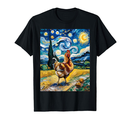 Chicken Starry Night Van Gogh Style Hen Farm Poultry Graphic T-Shirt