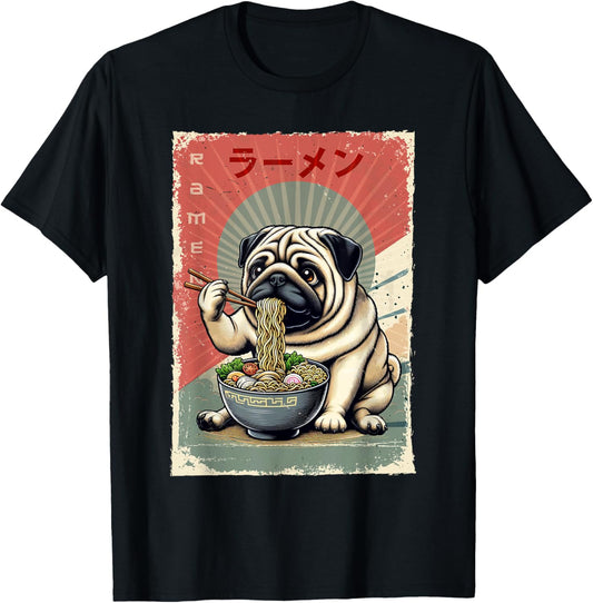 Pug Dog Eating Ramen Japanese Noodles Soup Unisex-Adults, Unisex-Kids Black Small Classic Fit Short Sleeve T-Shirt