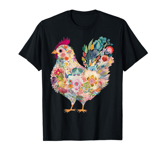 Ladies Chicken Lover - Cottagecore Chicken With Wildflowers T-Shirt