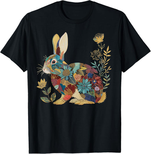 Bunny Floral Rabbit Colourful Flowers Easter Vintage Cute T-Shirt