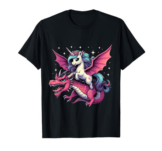 Unicorn Riding Dragon Boys Girls Women Kids Teens Rainbow T-Shirt