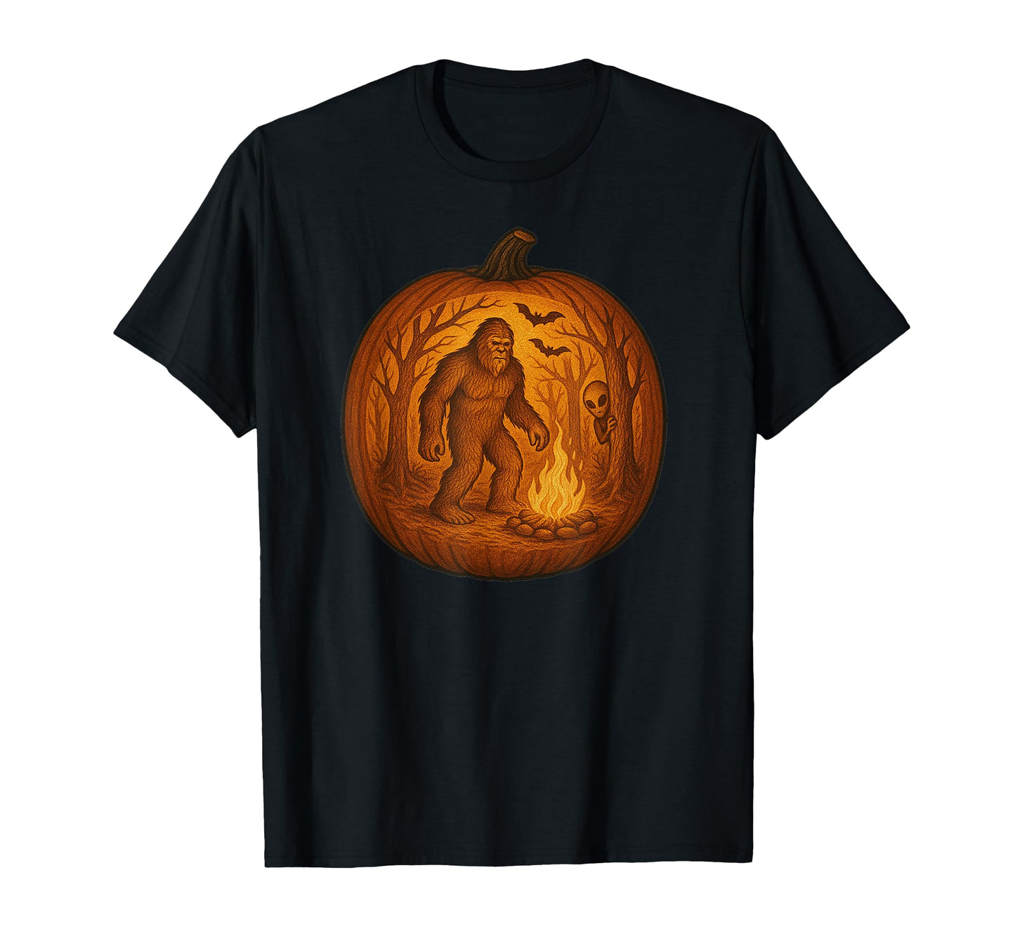 Bigfoot and Alien Halloween Pumpkin Carving T-Shirt