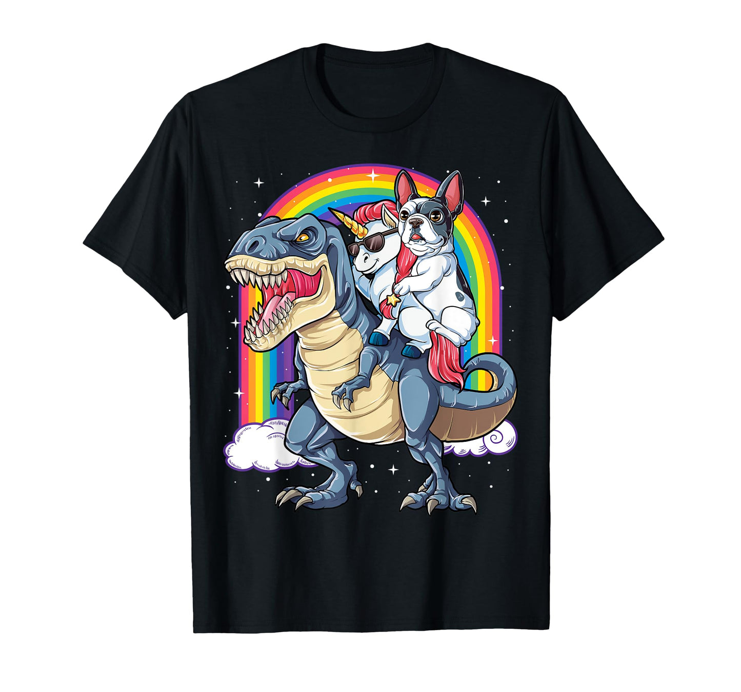 French Bulldog Unicorn Riding Dinosaur T rex Gifts Girls T-Shirt