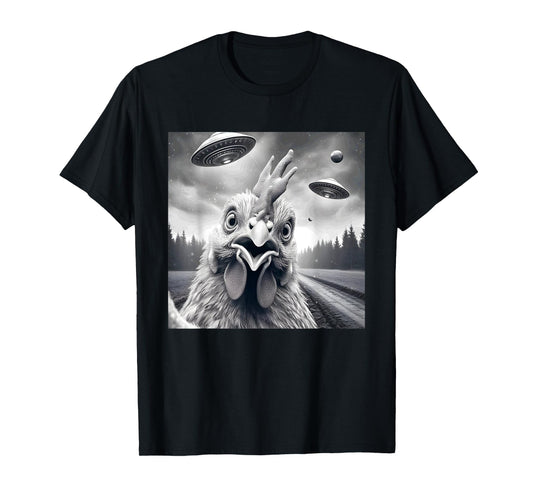 Chicken Rooster Funny Graphic Selfie with UFOs Weird Aliens T-Shirt