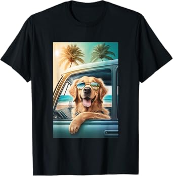 Golden Retriever Sunglasses Beach Palm Trees Car Summer Men Women Kids T-Shirt