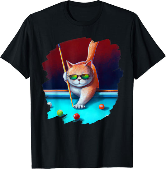 Cat Playing Pool Billiards in Lounge Cool Funny Cats T-Shirt