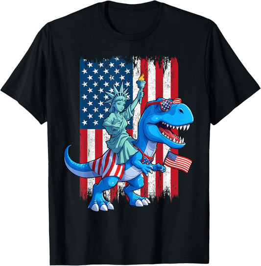Dino Statue Of Liberty 4th Of July TRex American Flag Boys T-Shirt