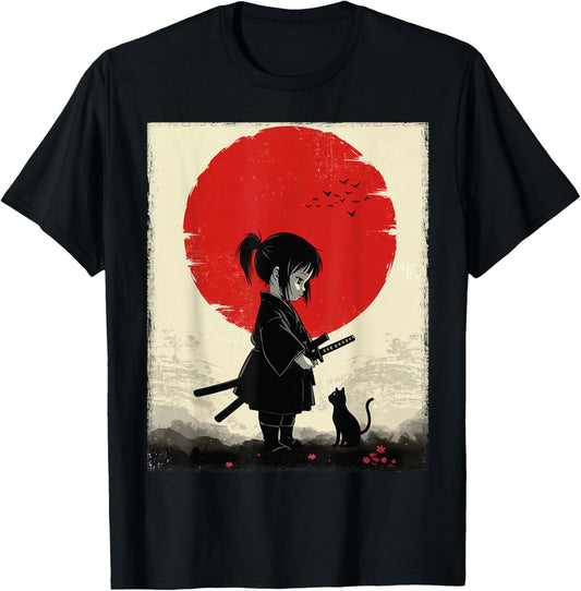 Japanese Samurai Girl Black Cat Ukiyo-e Katana Vintage T-Shirt