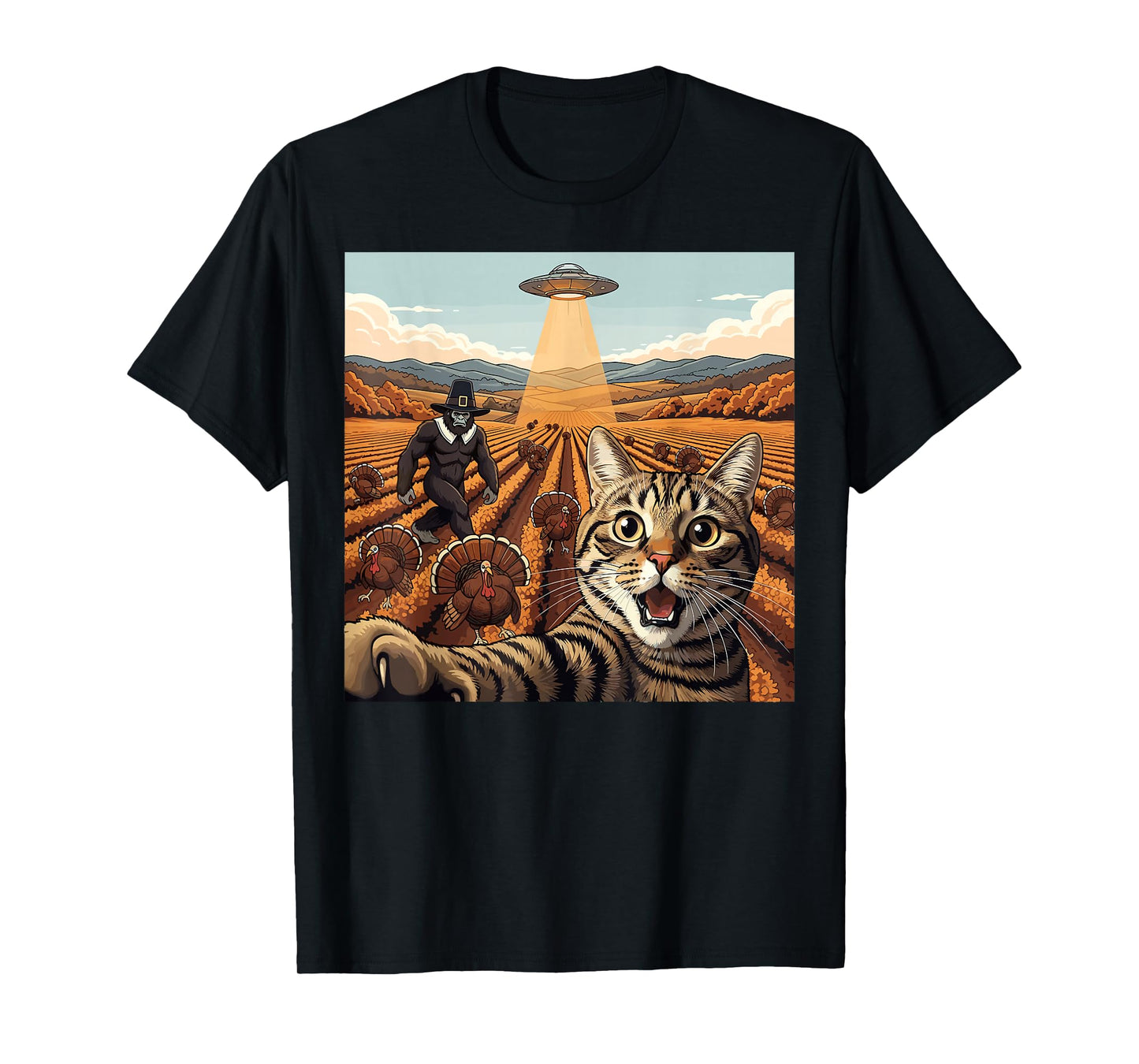 Thanksgiving Turkey Cat Selfie UFO Bigfoot Pilgrim T-Shirt