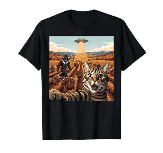 Thanksgiving Turkey Cat Selfie UFO Bigfoot Pilgrim T-Shirt