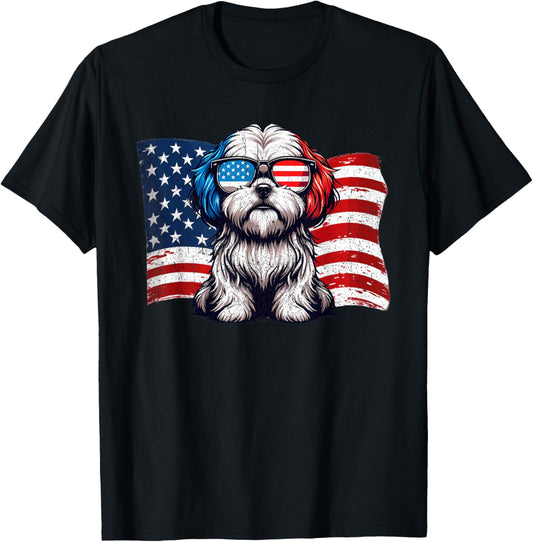 Vintage Lhasa Apso Dogs American Flag Sunglasses Patriotic T-Shirt
