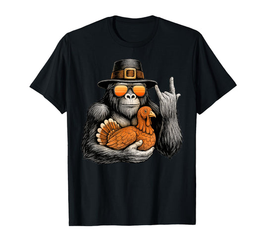 Funny Bigfoot Rock On Turkey Vintage Thanksgiving Boys Men T-Shirt