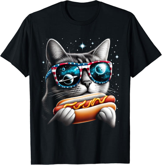 Funny Cat Eating Hot-Dog Glizzy In Space Galaxy Mens Womens T-Shirt
